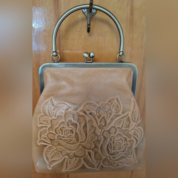 Patricia Nash Novella Kisslock Frame Bag Biscuit Tooled Leather Brown Floral EUC - Picture 6 of 10